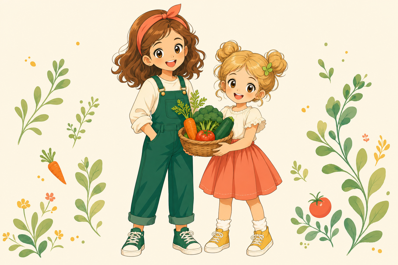 Les deux petites exploratrices Veg Is Good avec leur panier de légumes